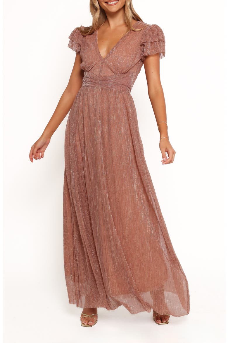 Cressida Metallic Puff Sleeve Maxi Dress, Main, color, ROSE GOLD