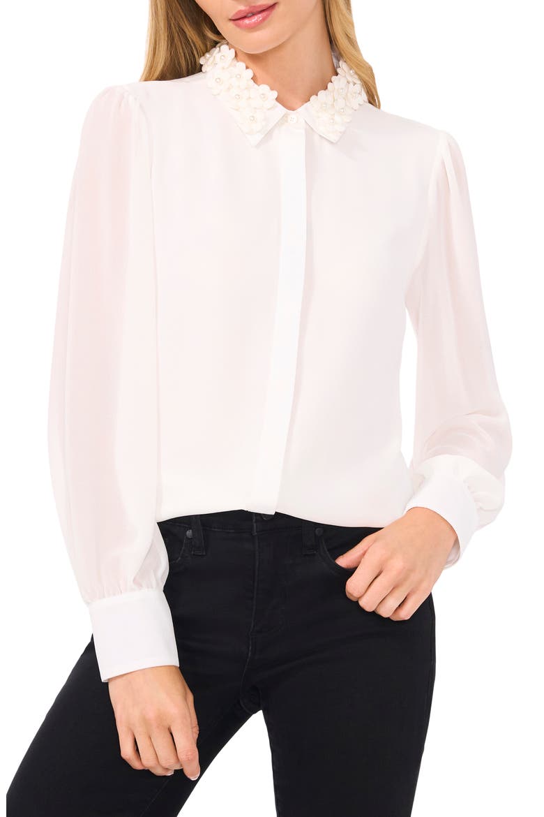 Pearly Flower Appliqué Georgette Button-Up Shirt, Main, color, NEW IVORY WHITE