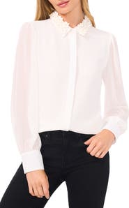 CeCe Pearly Flower Appliqué Georgette Button-Up Shirt