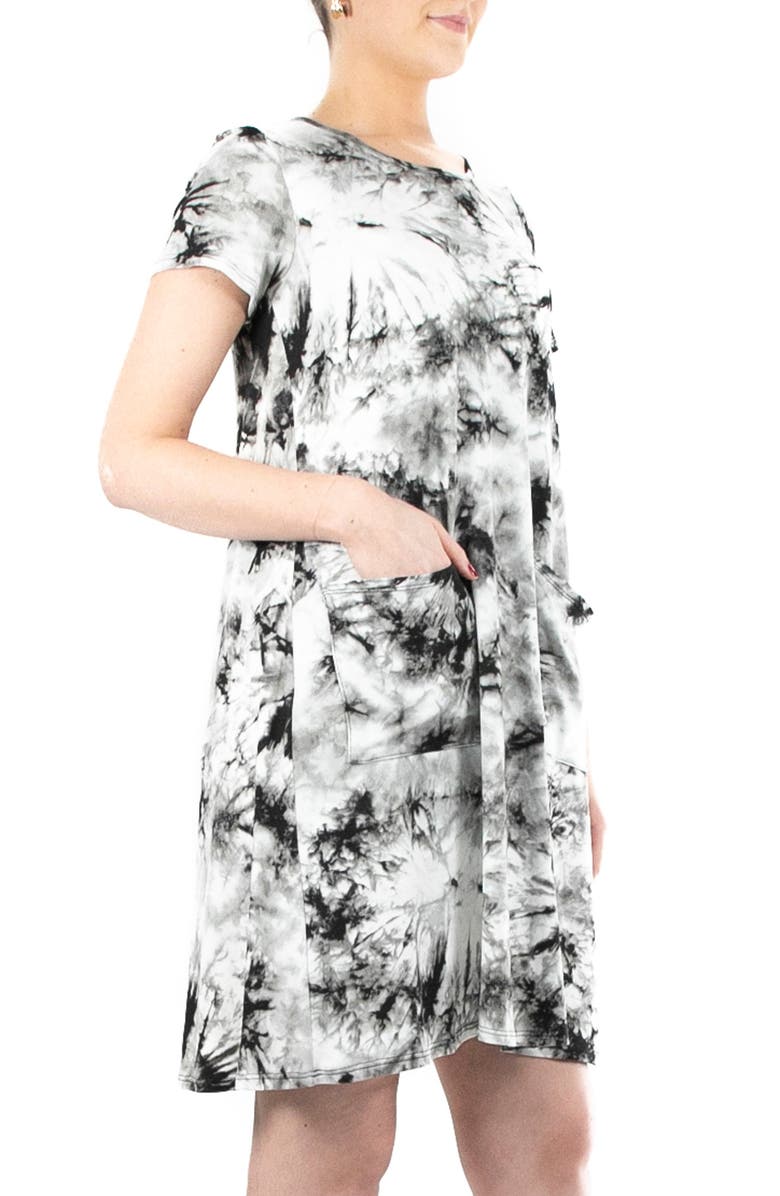 Nina Leonard Scoop Neck Tie-Dye Print Dress, Alternate, color, Black Mult