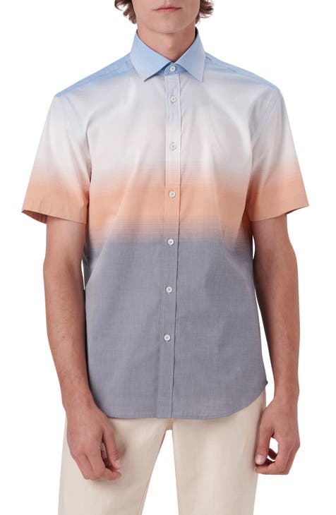 Shaped Fit Ombré Stretch Cotton Short Sleeve Button-Up Shirt