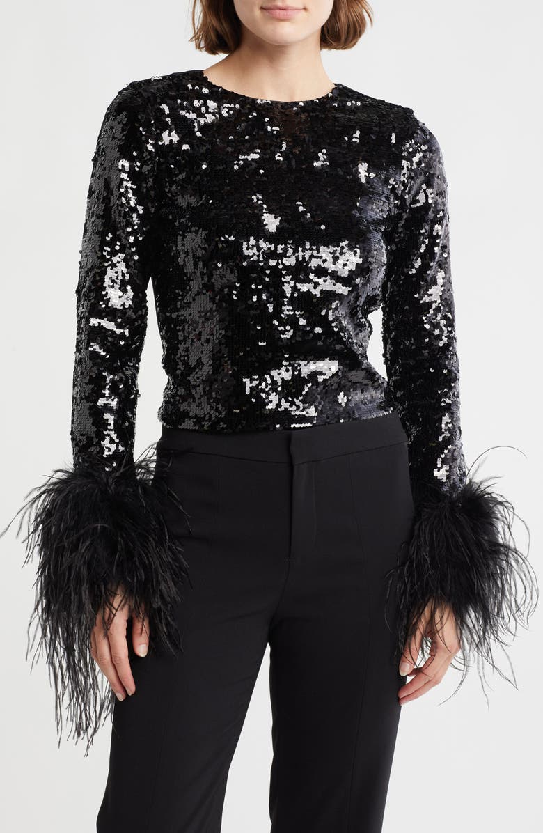 Alice + Olivia Delaina Sequin Feather Trim Top, Main, color,