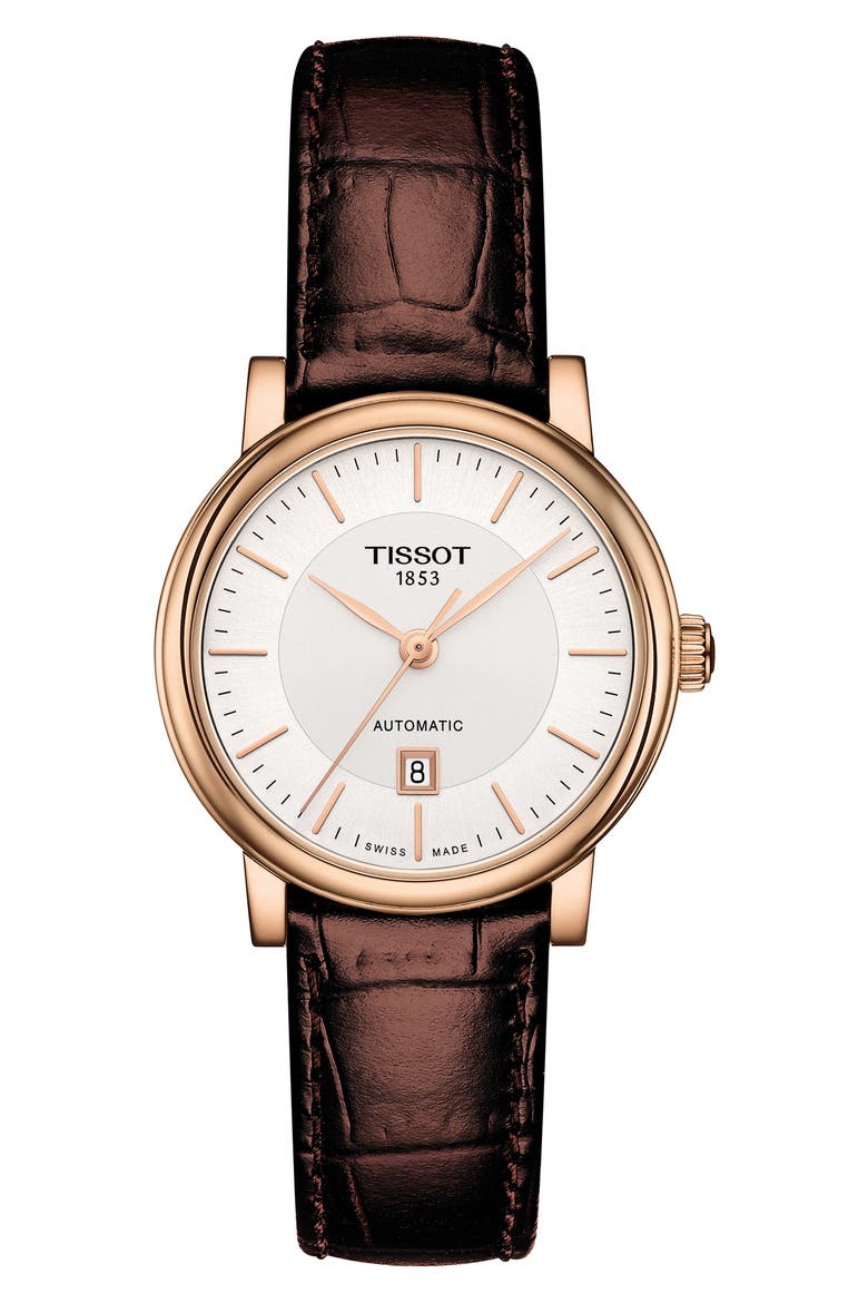 Premium Carson Automatic Leather Strap Watch, 30mm, Main, color, BROWN/ SILVER/ ROSE GOLD