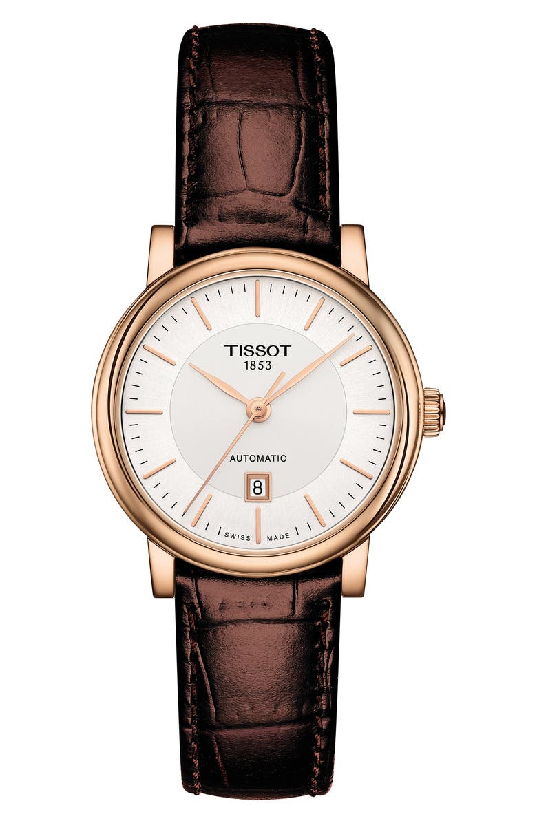 Tissot Premium Carson Automatic Leather Strap Watch, 30mm, Main, color, Brown/ Silver/ Rose Gold