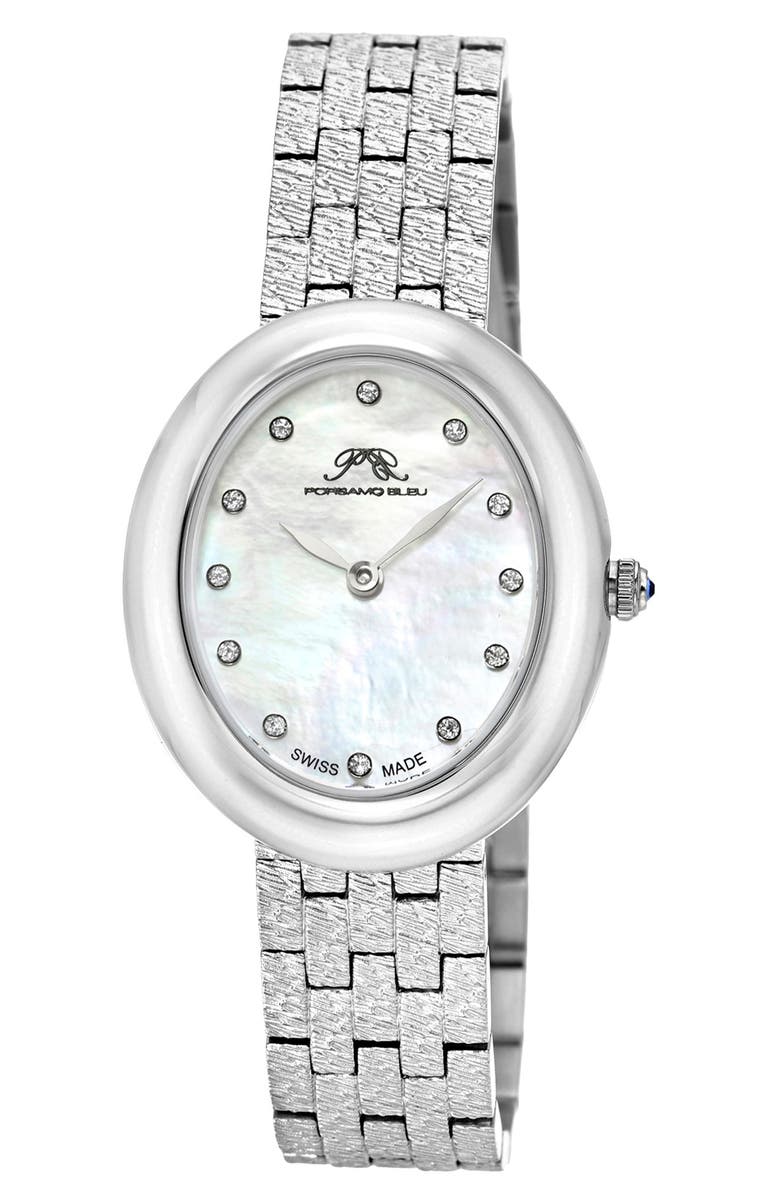 PORSAMO BLEU Women's Porsamo Bleu Angelica Oval MOP Dial Stainless Steel Watch, Main, color, Silver