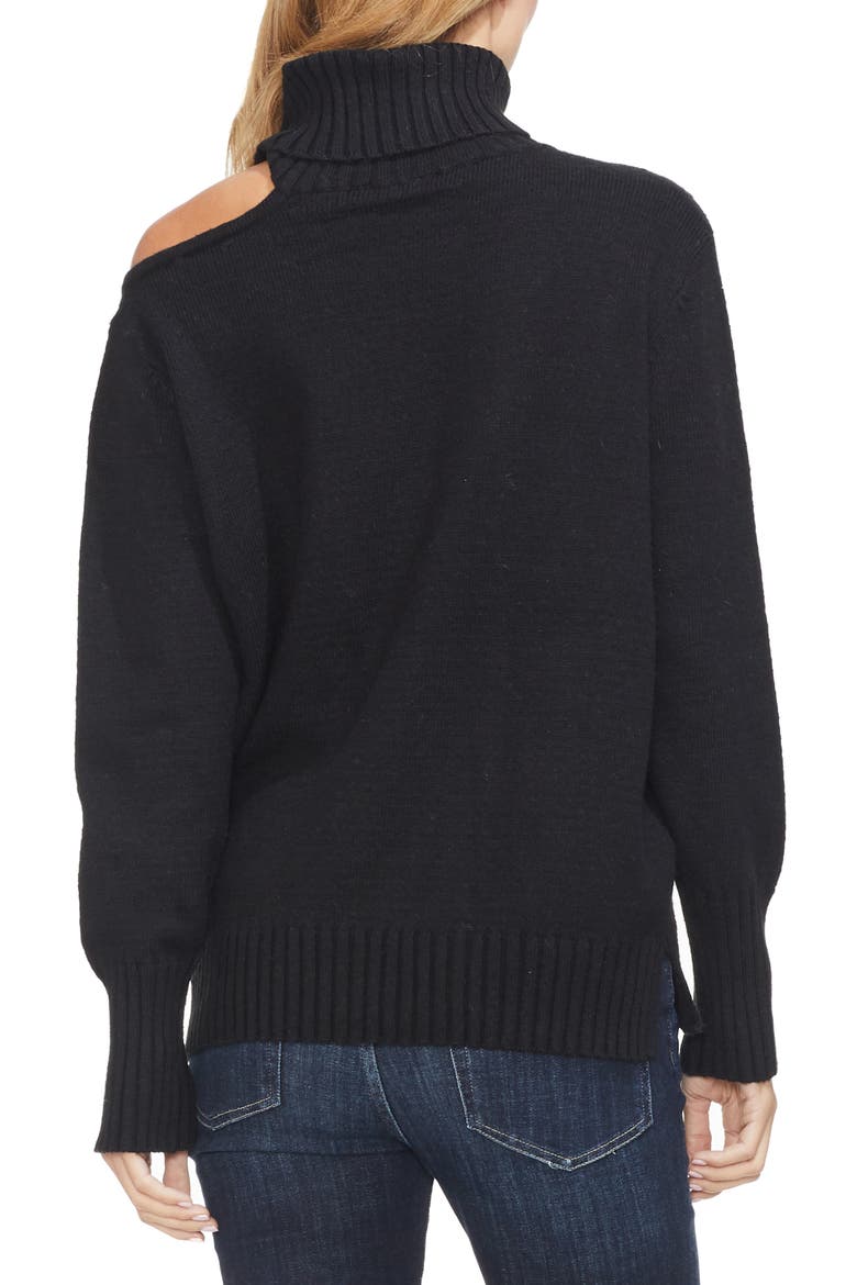 Asymmetrical Shoulder Cutout Turtleneck Cotton Blend Sweater, Alternate, color, RICH BLACK