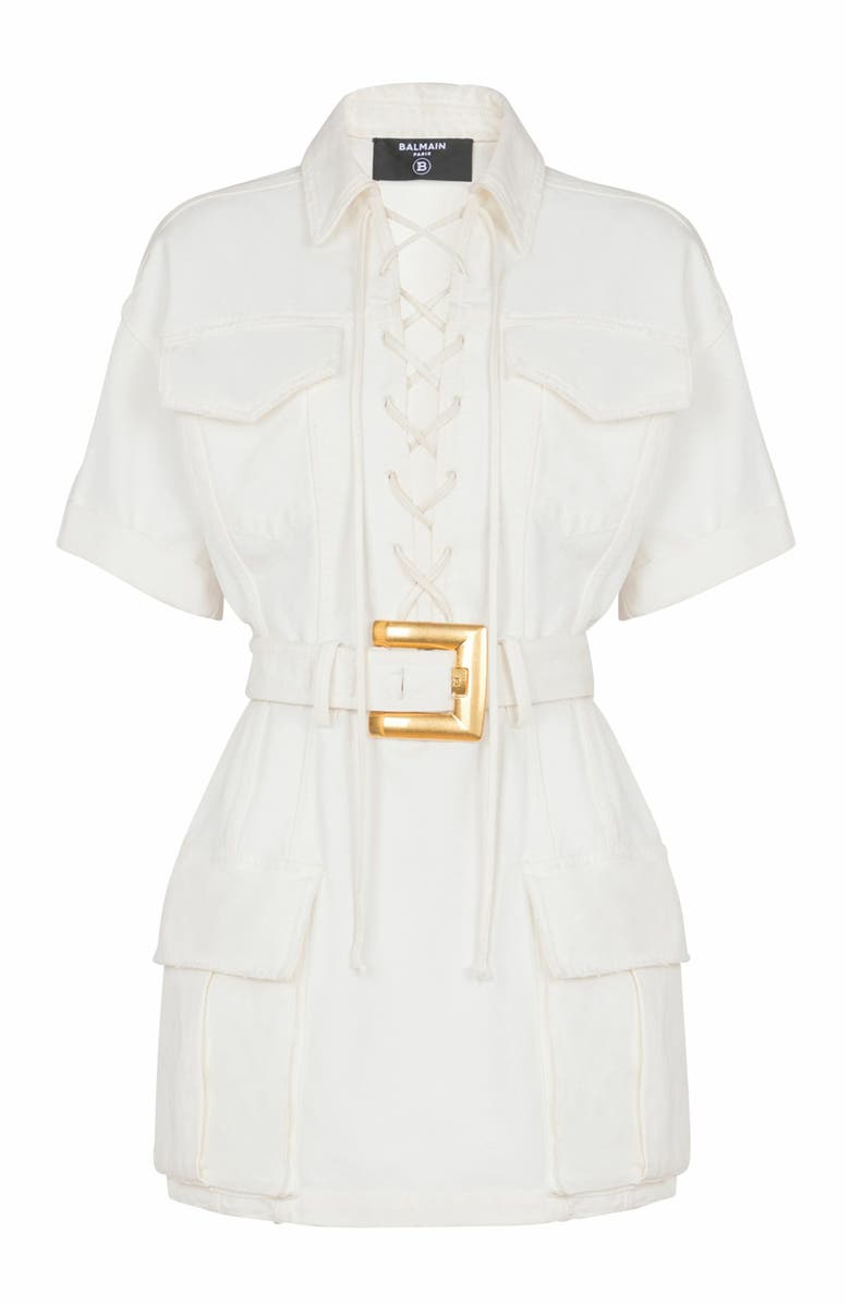 Balmain Short Lace-Up Canvas Dress, Alternate, color, White