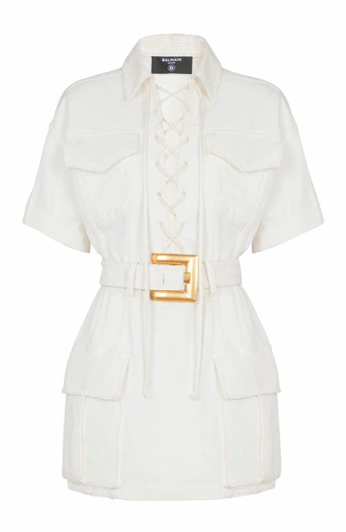 Balmain Short Dress With Belted Waist And Front Pockets In Neutral