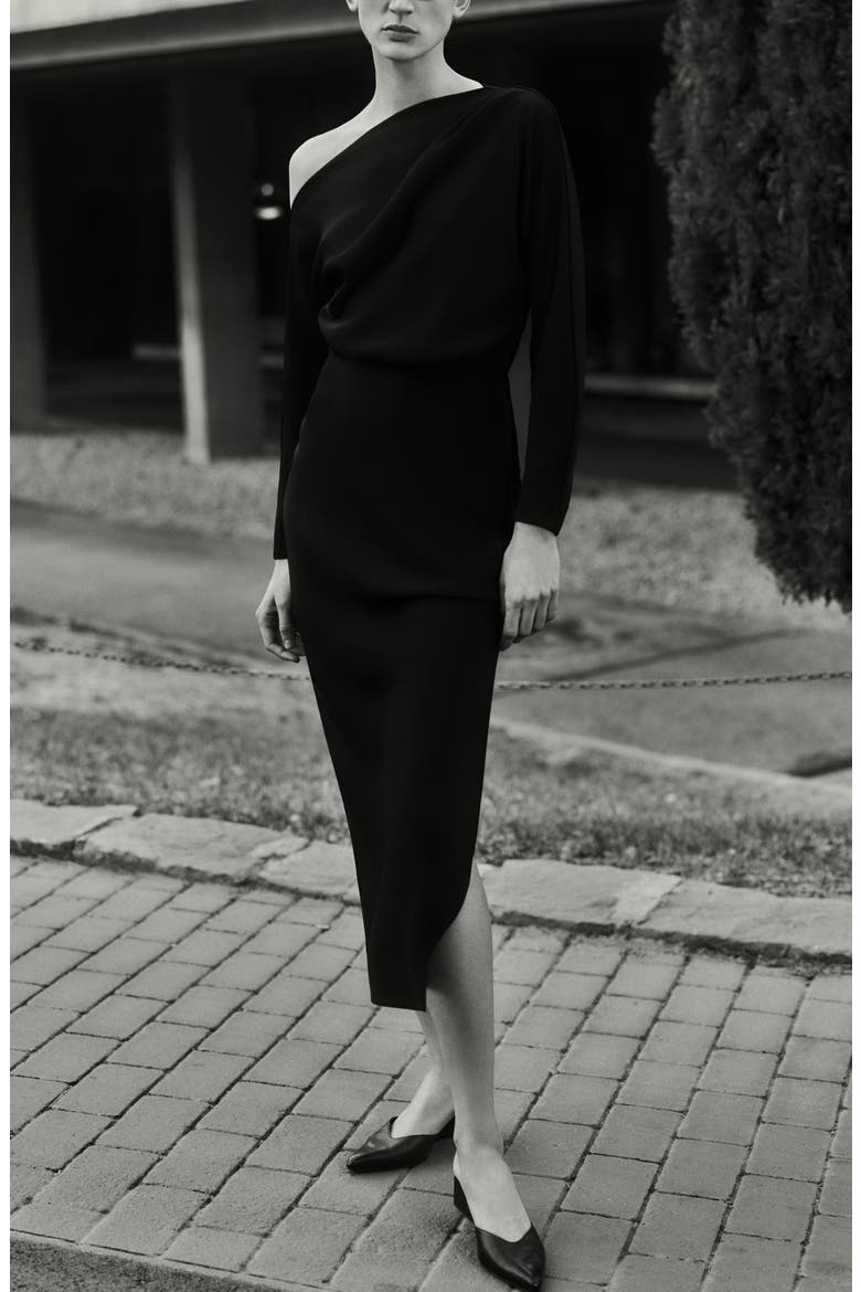 Off the Shoulder Long Sleeve Midi Dress, Alternate, color, BLACK