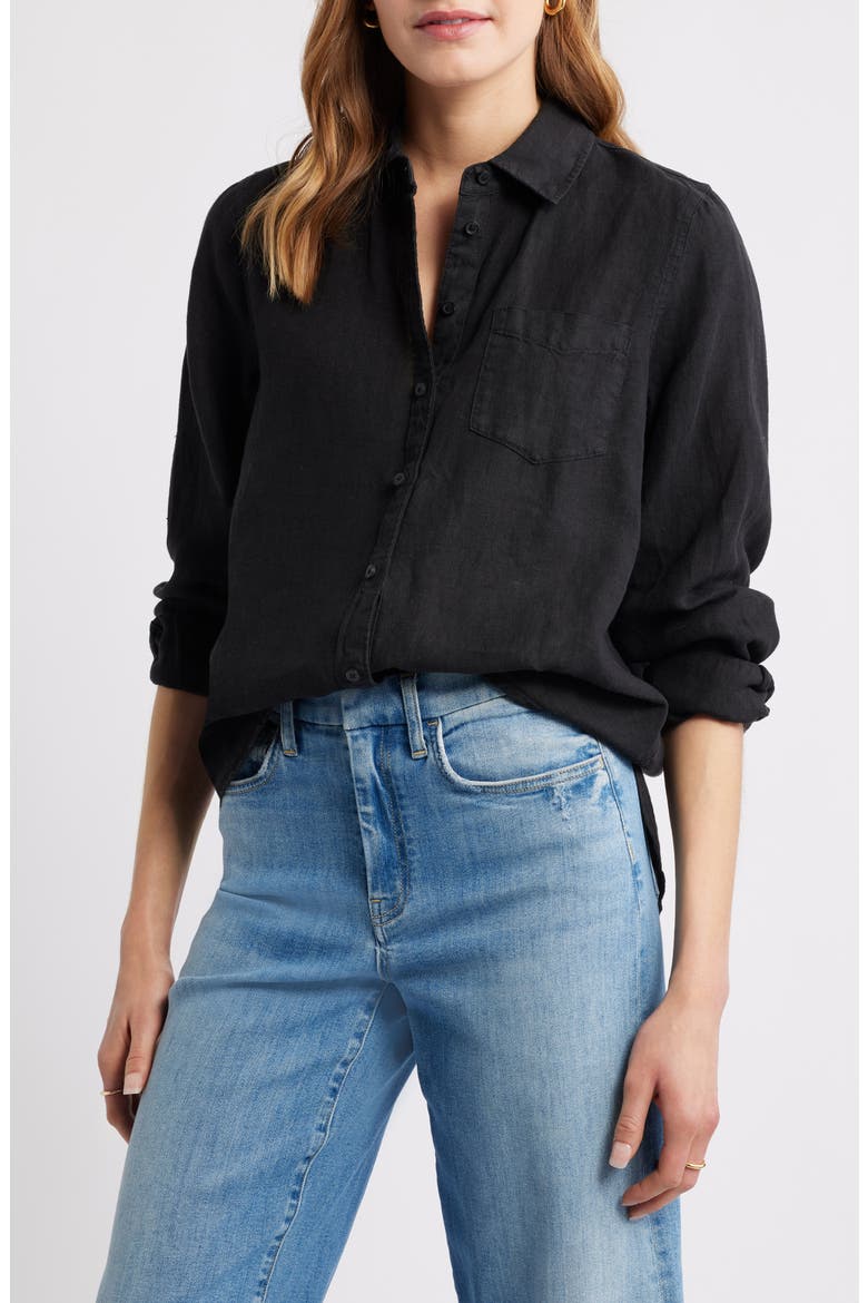 Casual Linen Button-Up Shirt, Main, color, BLACK