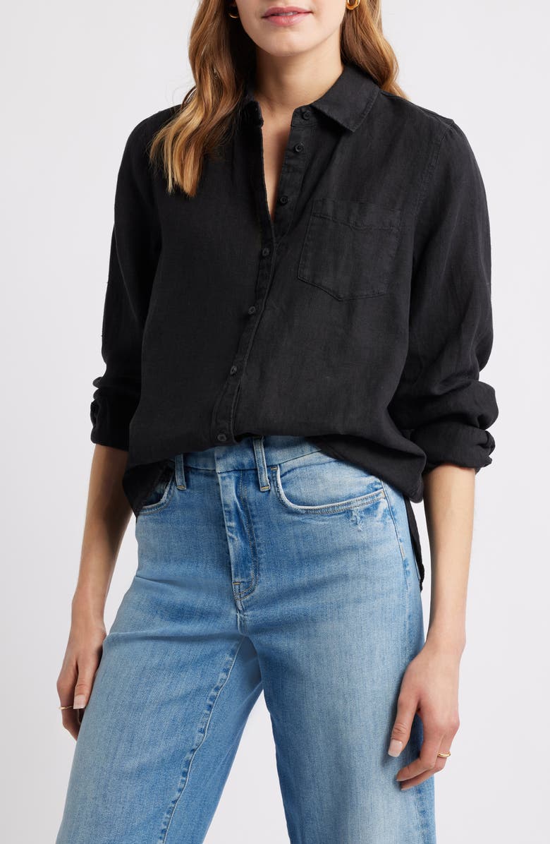 Caslon<sup
®</sup
 Casual Linen Button-Up Shirt, Main, color, Black