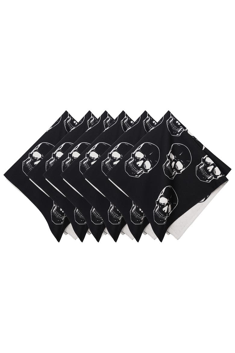 Skully Skeleton Skulls Pattern Motifs Black & White Cotton Halloween Napkins Set of 6, Main, color, Black