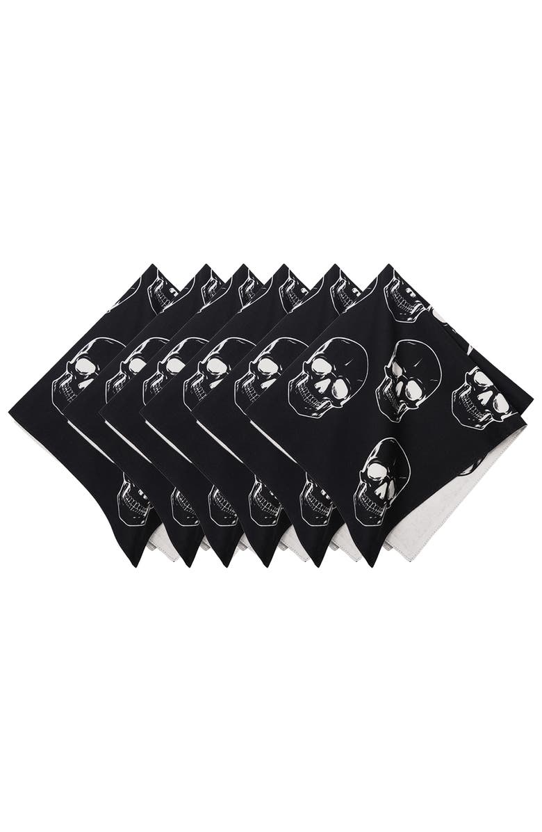 C&F Home Skully Skeleton Skulls Pattern Motifs Black & White Cotton Halloween Napkins Set of 6, Main, color, Black