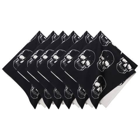 Skully Skeleton Skulls Pattern Motifs Black & White Cotton Halloween Napkins Set of 6