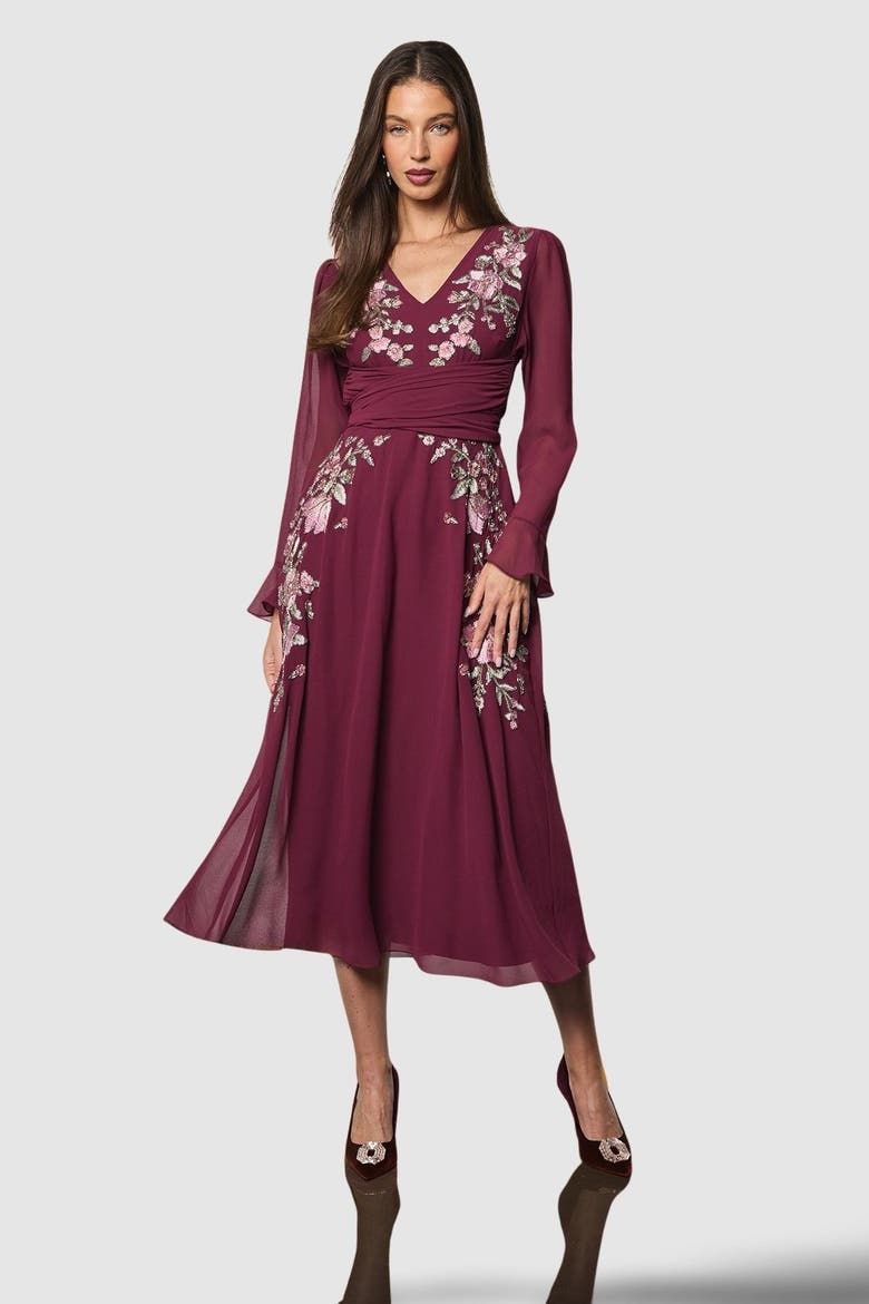 Wrap Waist Embroidered Midi Dress, Main, color, Wine