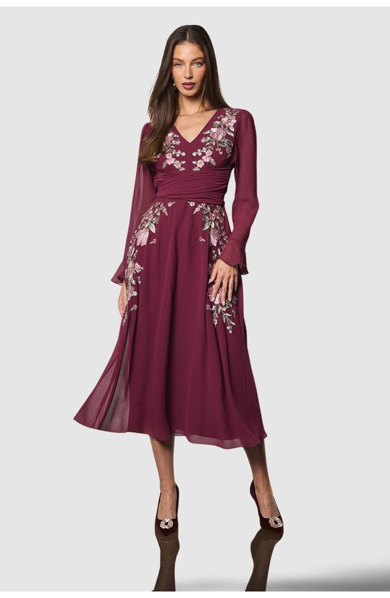 Coast Wrap Waist Embroidered Midi Dress, Main, color, Wine