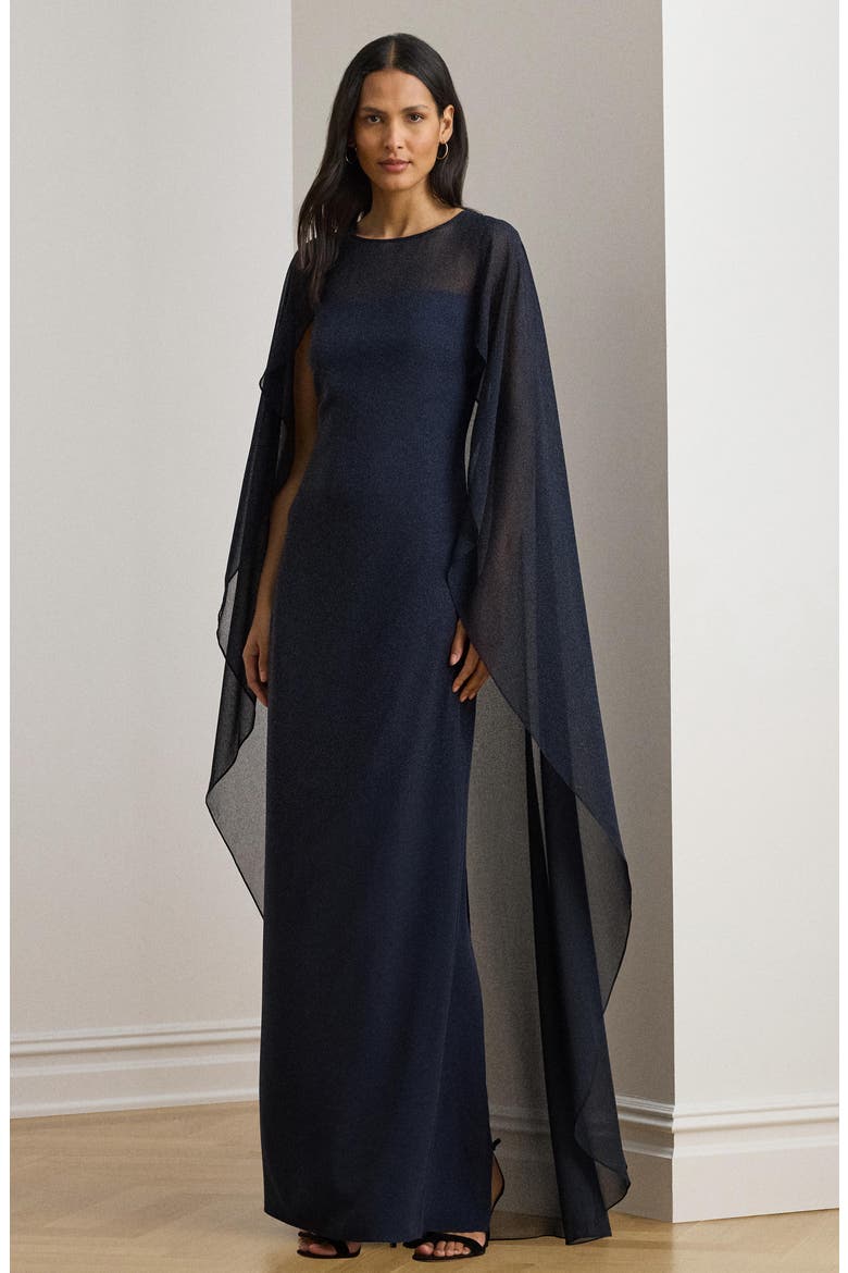 Sheer Cape Georgette Column Gown, Alternate, color, LAUREN NAVY