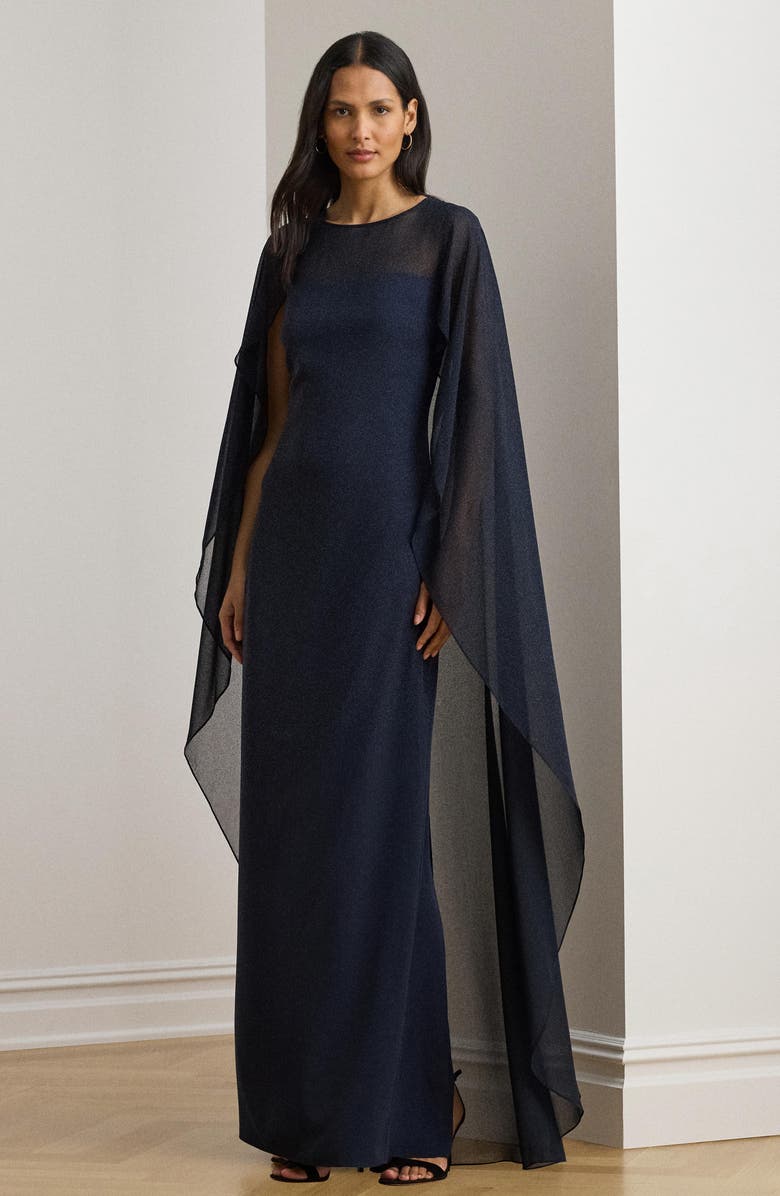 Lauren Ralph Lauren Sheer Cape Georgette Column Gown, Alternate, color, Lauren Navy