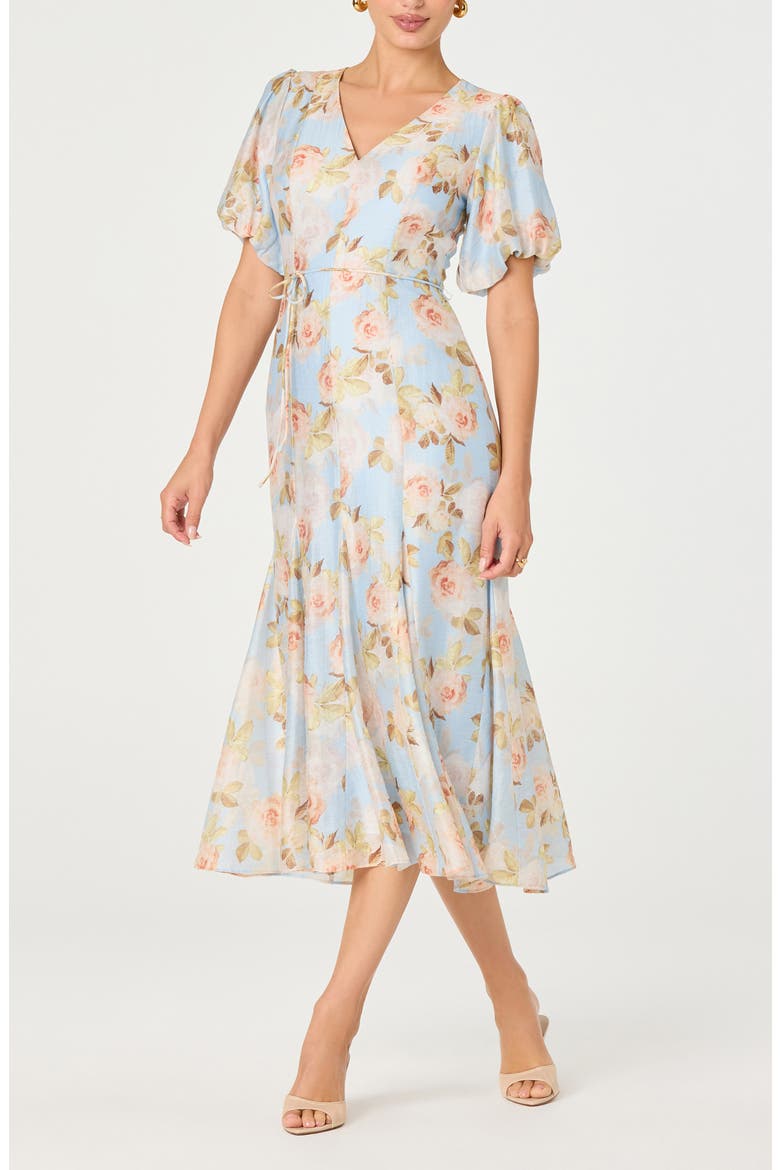 Lavena Floral Puff Sleeve Midi Dress, Alternate, color, BLUE FLRL
