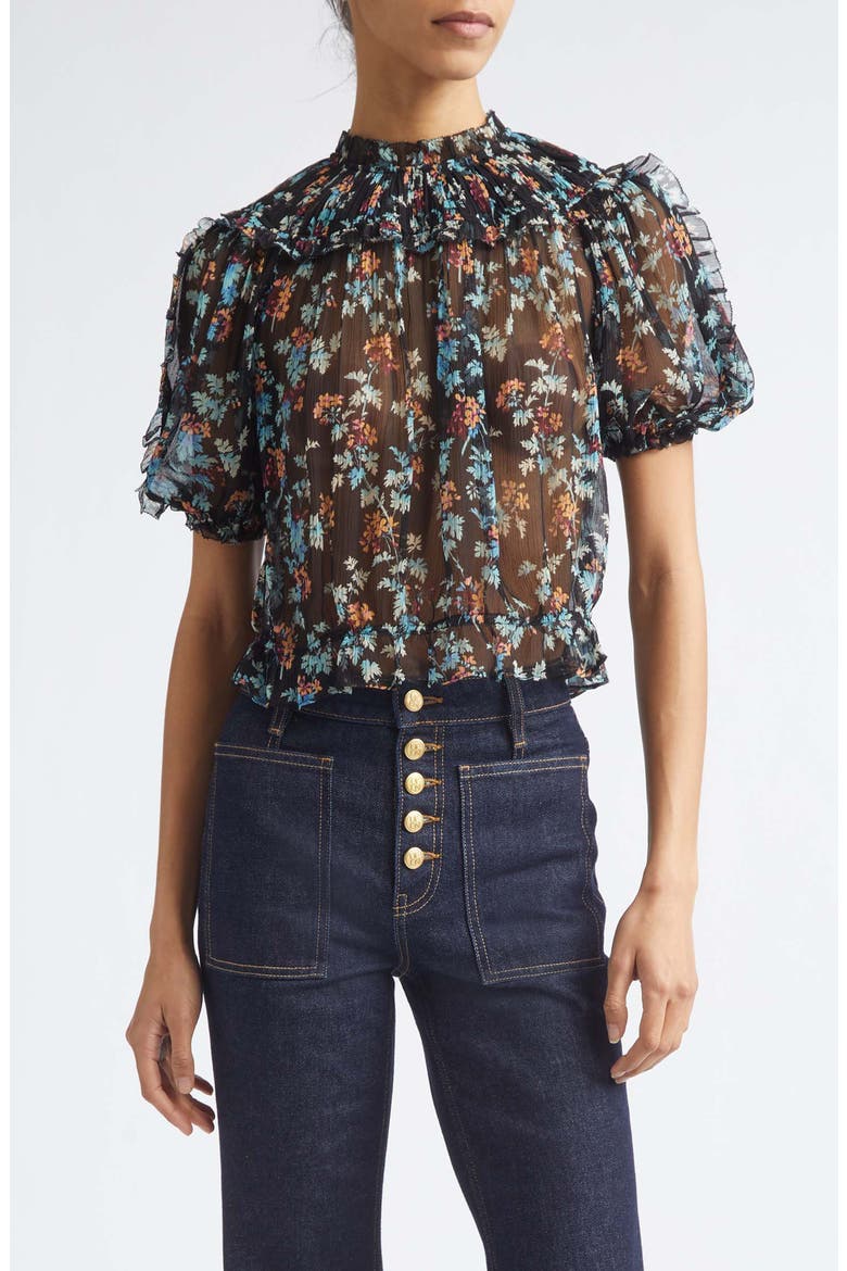 Solenne Puff Sleeve Silk Top, Main, color, NIGHTSHADE