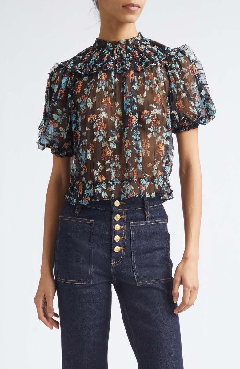 Ulla Johnson Solenne Puff Sleeve Silk Top, Main, color, Nightshade