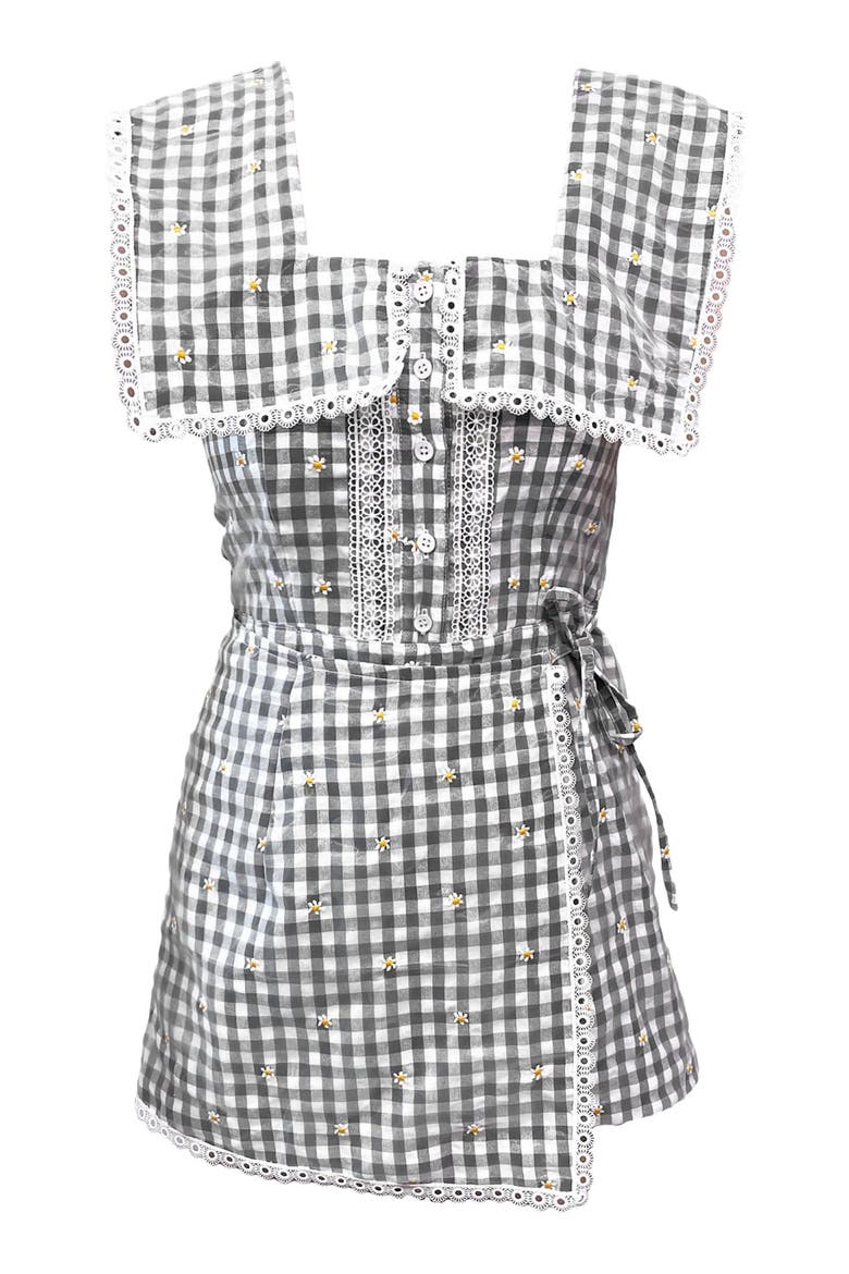 Daisy Embroidery On Gingham Romper, Alternate, color, BLACK MULTI