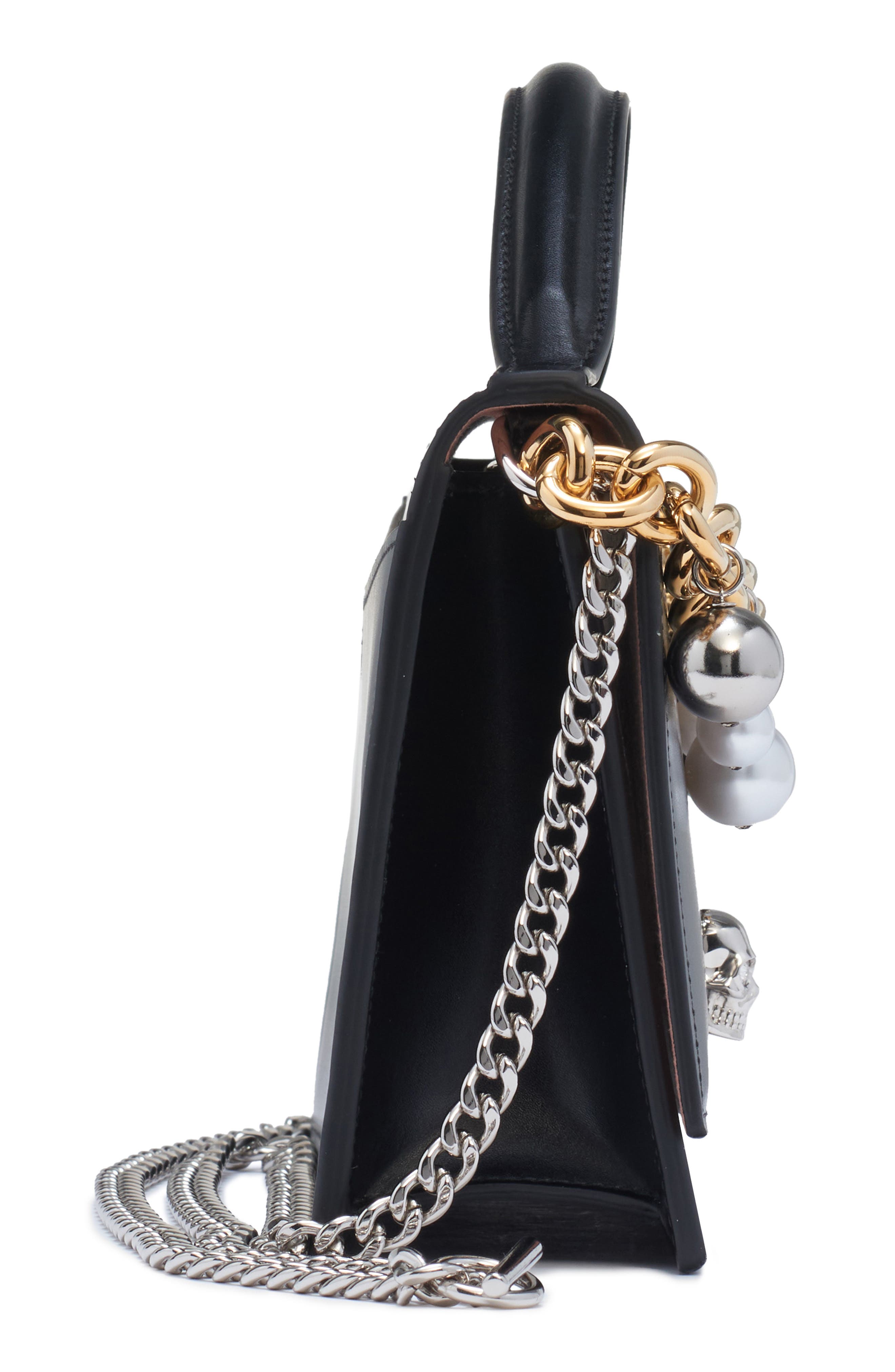 McQueen Medium Skull Chain Detail Leather Handbag, Alternate, color, Black/ Silver