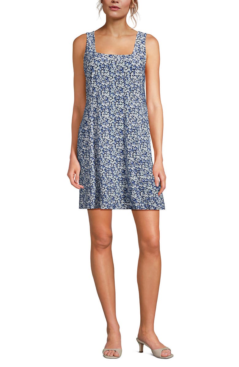 Lands' End Silky Knit Mini Shift Dress, Alternate, color, Navy/Clear Blue Ditsy Floral