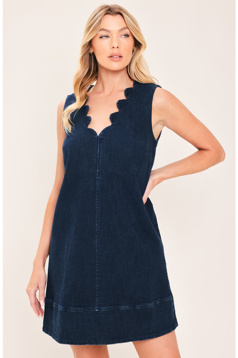 Scalloped Sleeveless Denim MInidress, Alternate, color, DARK INDIGO