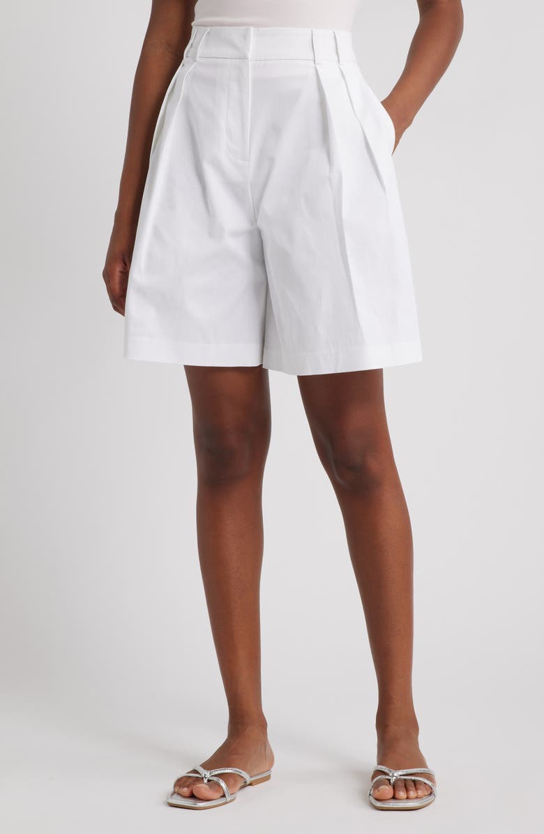 Topshop Pleated High Waist A-Line Twill Shorts, Main, color, White