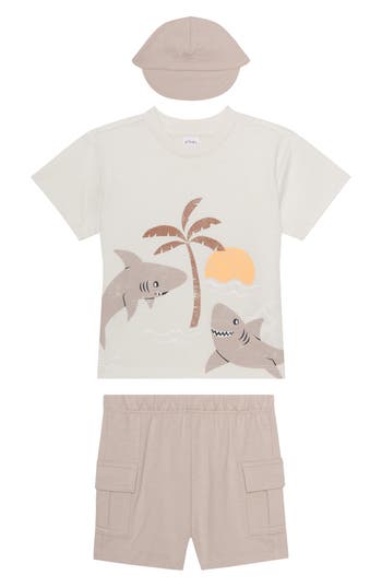 Pl Baby By Petit Lem Graphic T-shirt, Cargo Shorts & Cap Set