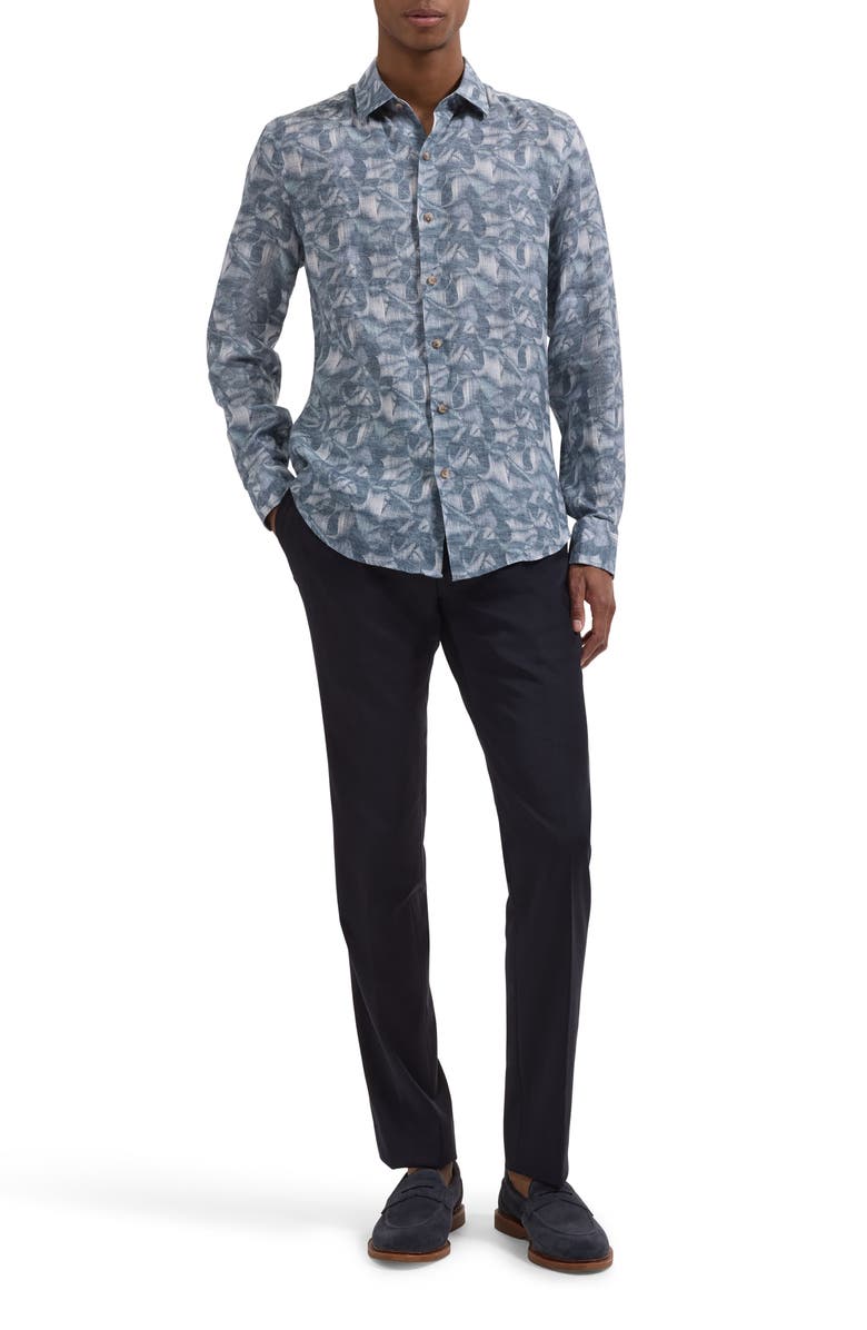 Bugatchi Julian Shaped Fit Abstract Leaf Print Linen Button-Up Shirt, Alternate, color, Ether