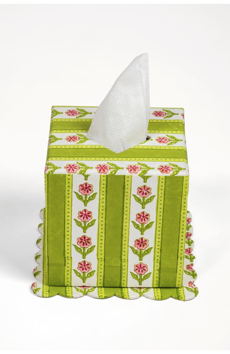 Inner Child Cottage Garden Blockprint Scallop Tissue Box Cover, Alternate, color, Green