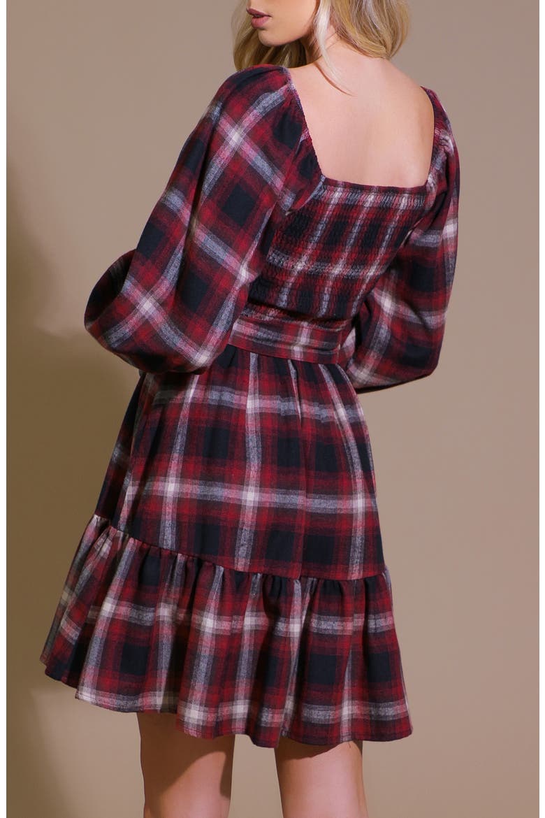 Plaid Long Sleeve Tie Waist Minidress, Alternate, color, RED/ BLACK