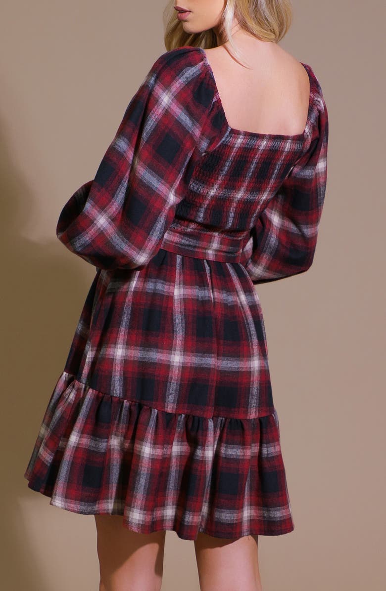 FLYING TOMATO Plaid Long Sleeve Tie Waist Minidress, Alternate, color, Red/ Black