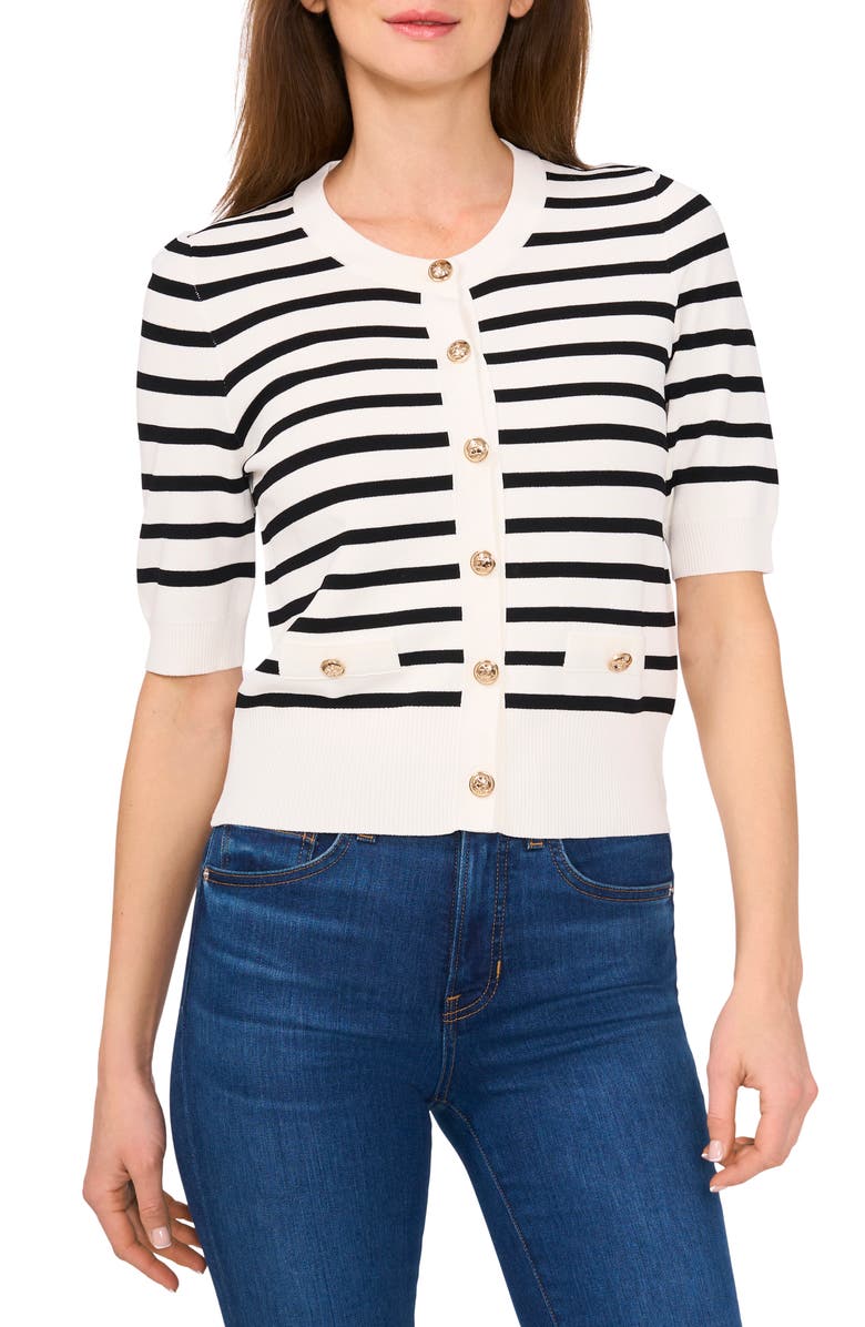 CeCe Stripe Short Sleeve Cardigan with Goldtone Buttons, Main, color, 