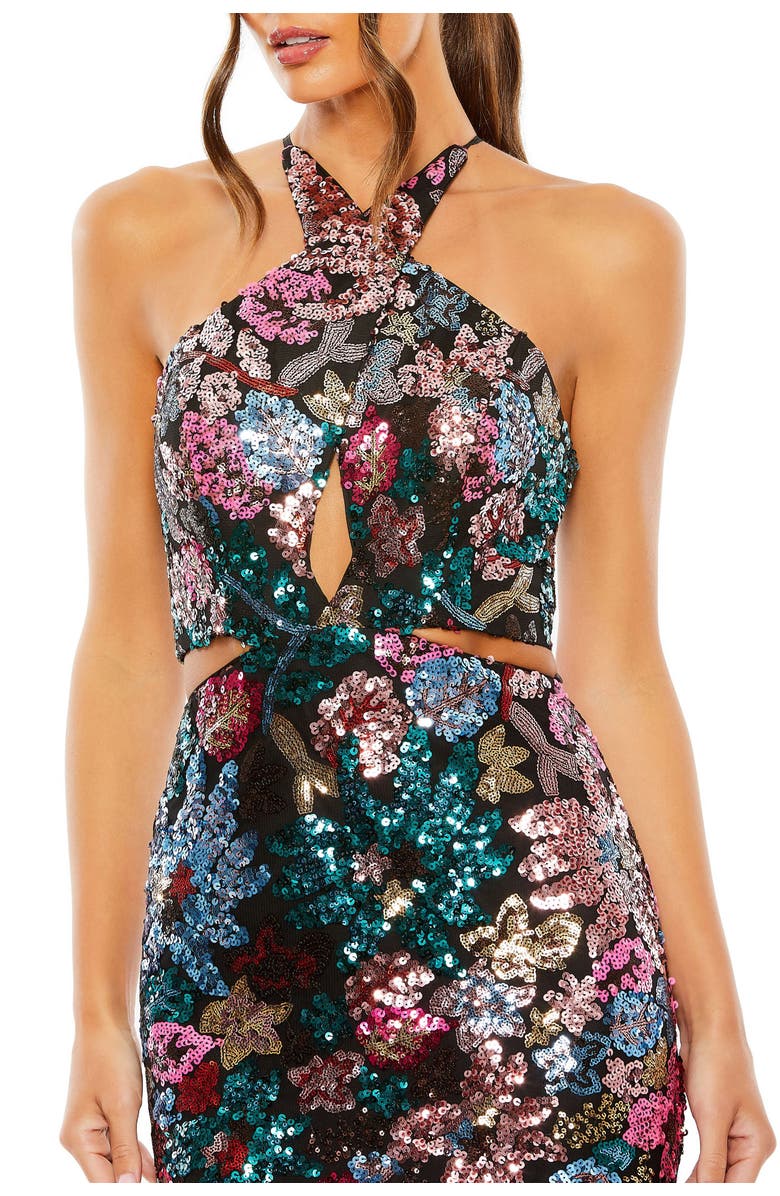 Mac Duggal Sequin Embellished Cross Neck Gown, Alternate, color, Black Multi