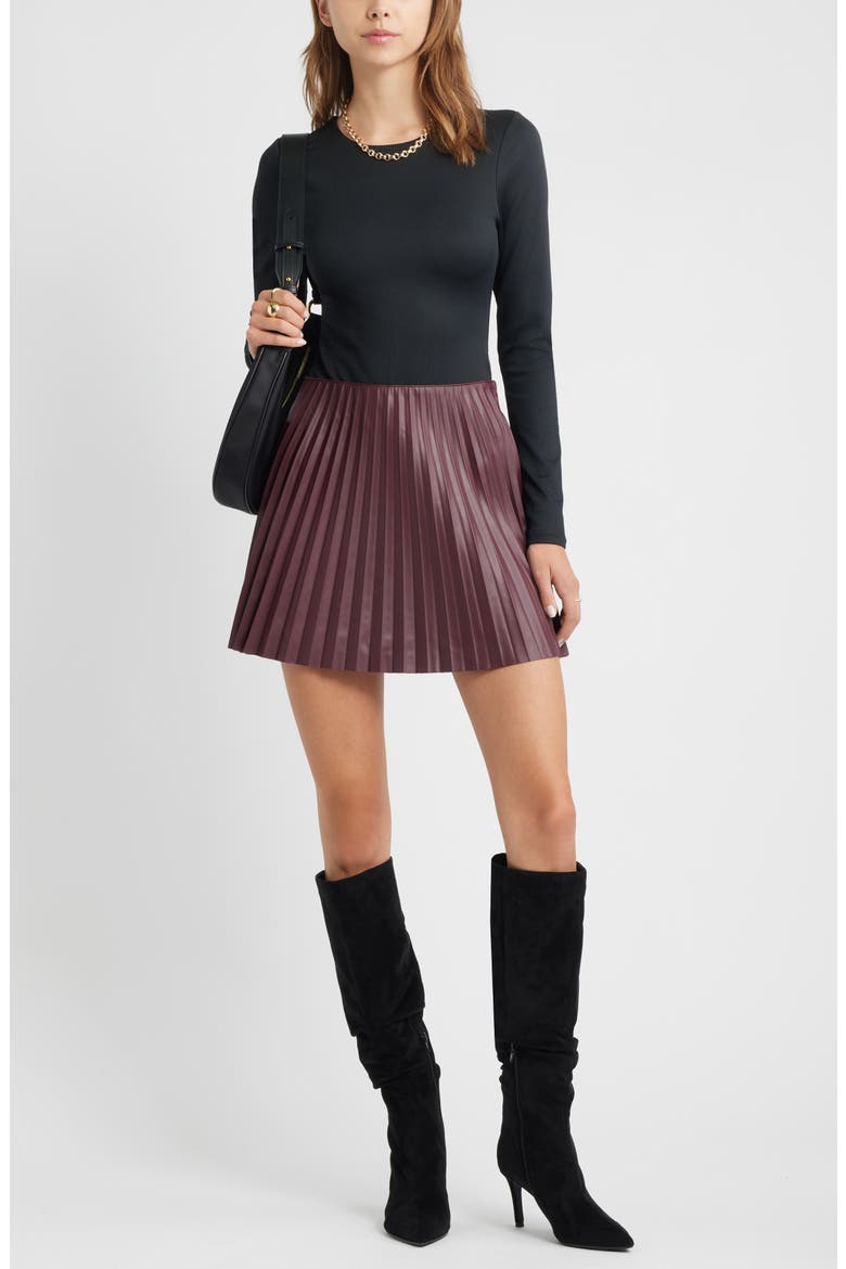 Pleated Faux Leather Miniskirt, Alternate, color, BURGUNDY FUDGE