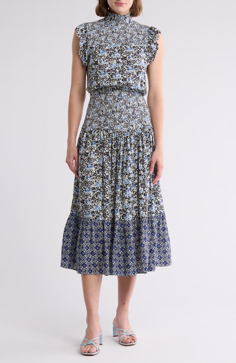 AREA STARS Blue Vine Flutter Sleeve Smocked Midi Dress, Main, color, Blue Vine Print