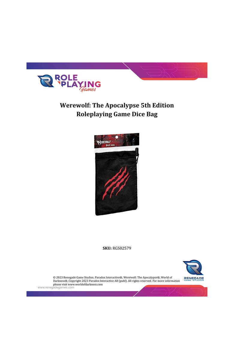 Renegade Game Studios Werewolf The Apocalypse 5th Edition Roleplaying Game Dice Bag, Alternate, color, Multicolored