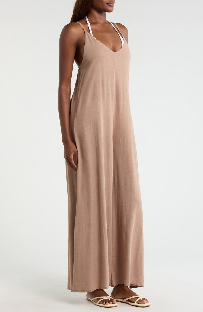 Elan Wide Leg Cotton & Linen Blend Cover-Up Jumpsuit, Alternate, color, Brown
