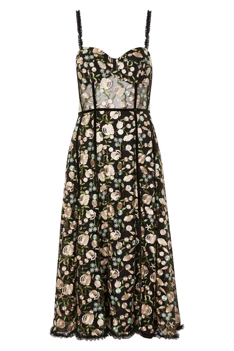 Floral Corset Midi Dress, Alternate, color, BLACK MULTI