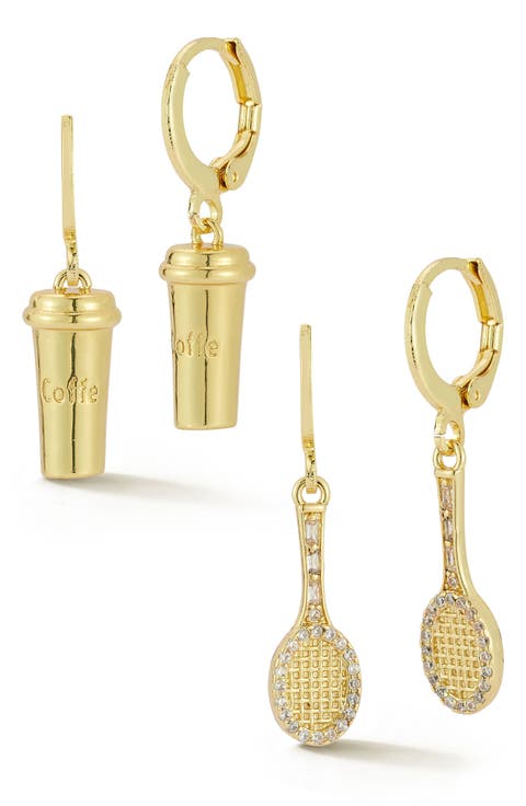 Set of 2 Coffe & Tennis Drop Huggie Hoop Earrings