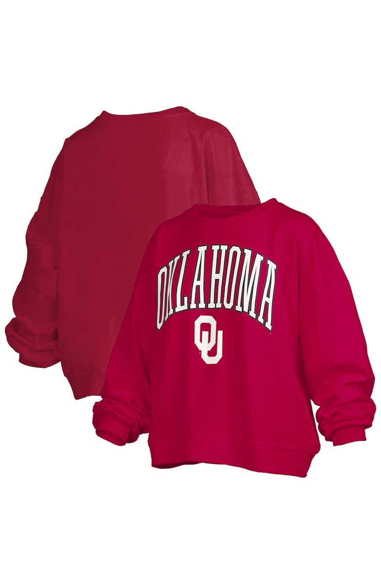 PRESSBOX Women's Pressbox Crimson Oklahoma Sooners Janise Arch Over Logo Waist Length Oversized Pullover Sweatshirt, Main, color,
