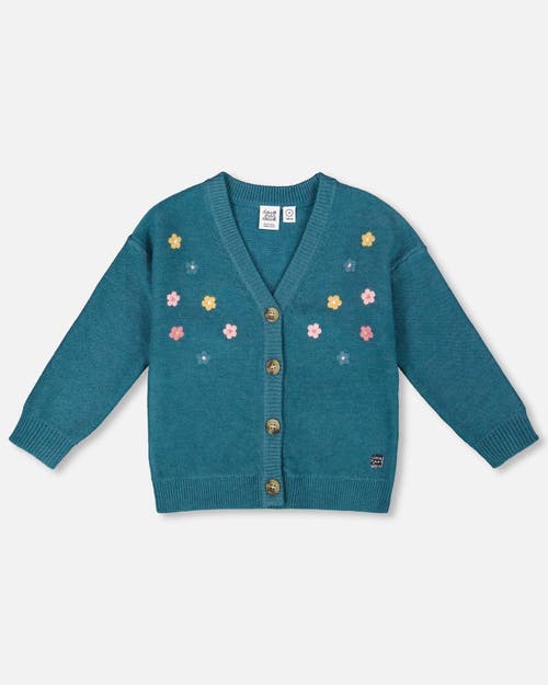Deux Par Deux Knitted Cardigan With Flower Embroidery In Blue