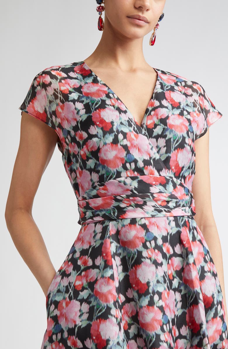 Carolina Herrera Peony Print Cap Sleeve Silk Organza Midi Dress, Alternate, color, Pink Multi