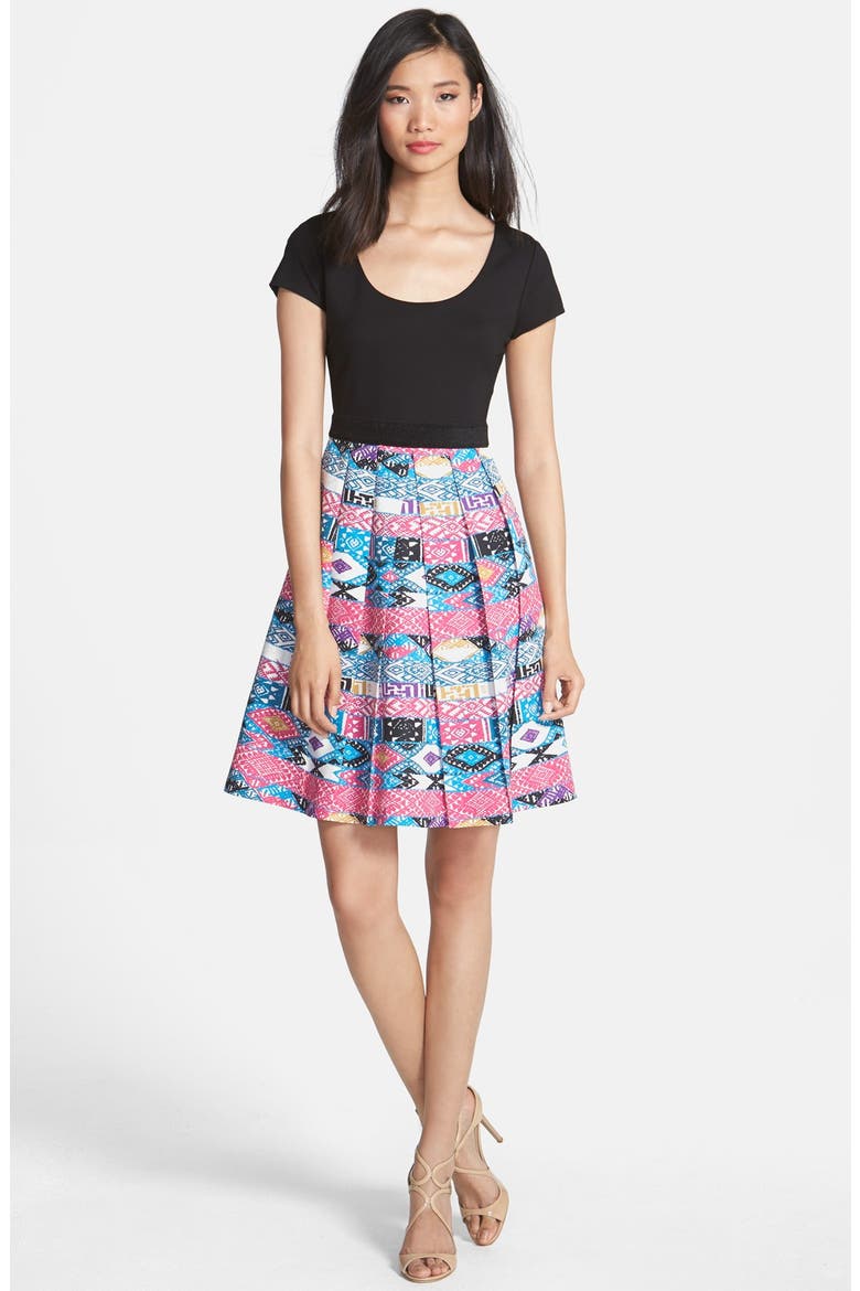 'Zoe' Print Skirt Fit & Flare Dress, Main, color, TRIBAL FLAGS