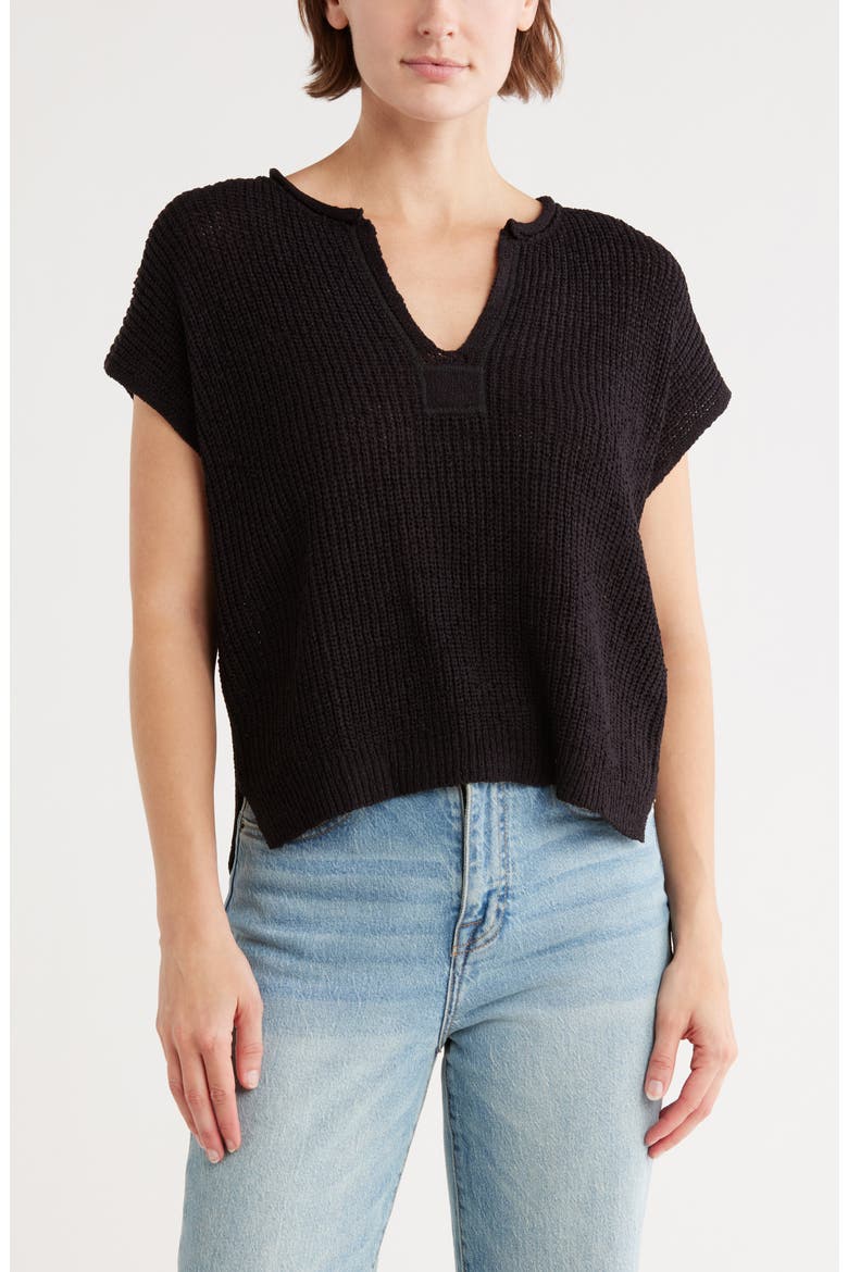 Open Knit Short Sleeve Top, Main, color, BLACK
