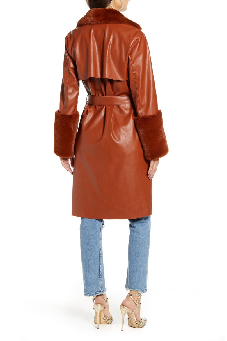 Faux Leather Coat with Faux Fur Trim, Alternate, color, RUST + RUST FAUX FUR