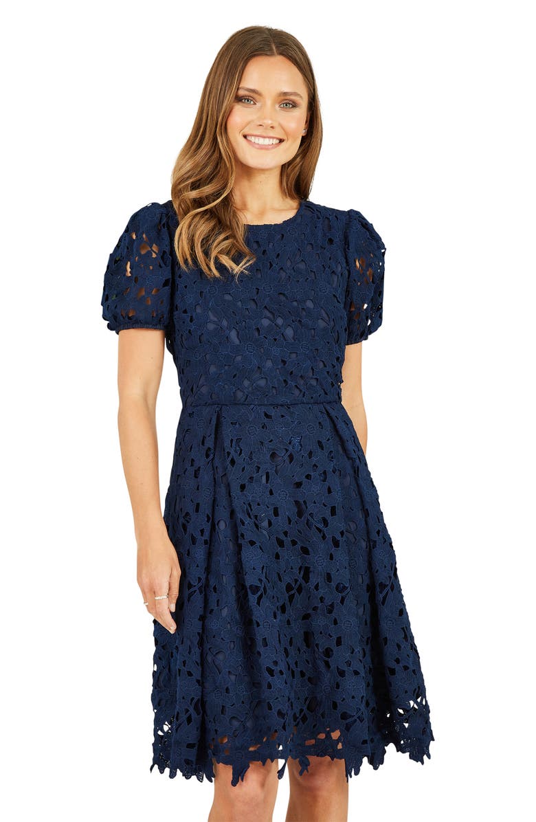 Yumi Lace Puff Sleeve Skater Dress, Alternate, color, Navy
